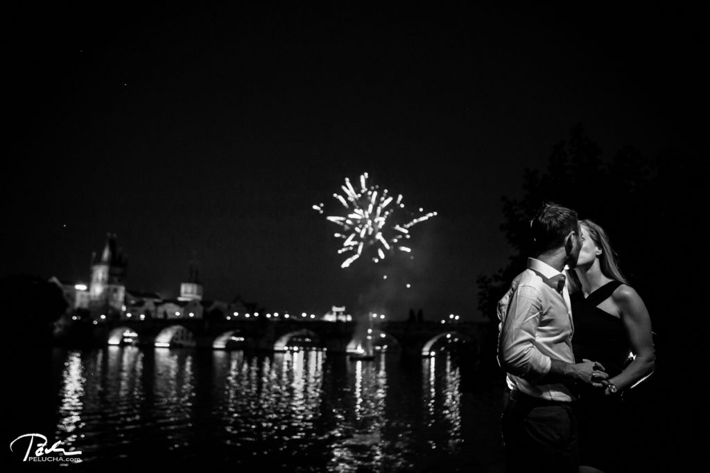 prague engagement photo with fireworks